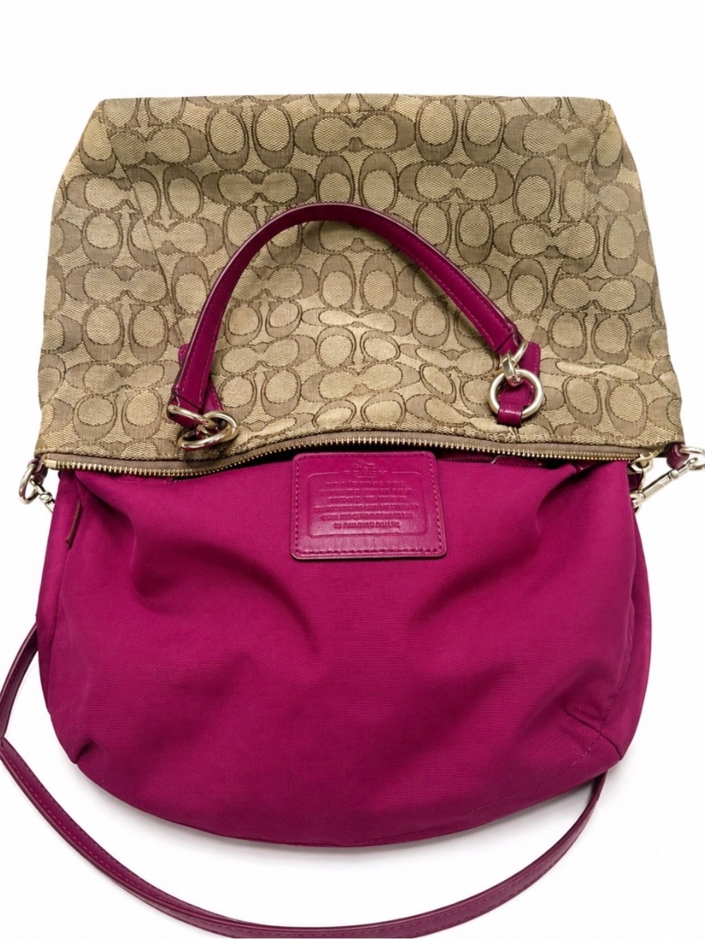Coach Kelsey Signature C Canvas Khaki & Fuchsia Leather Trim Crossbody Bag - Picture 3 of 11